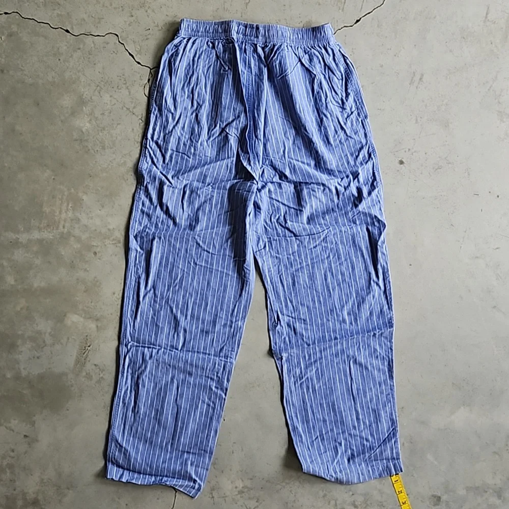 Lightweight cotton pajama bottoms blue with white pinstripe pockets button fly
